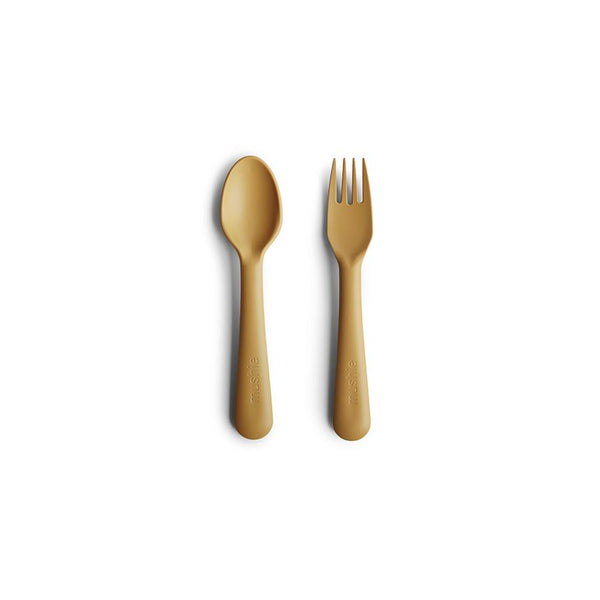 Mushie Dinnerware Fork and Spoon Set Mustard
