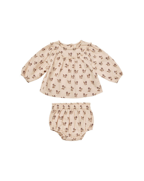 Quincy Mae Organic Balloon Sleeve Blouse and Bloomer Set Fig Flora Shell