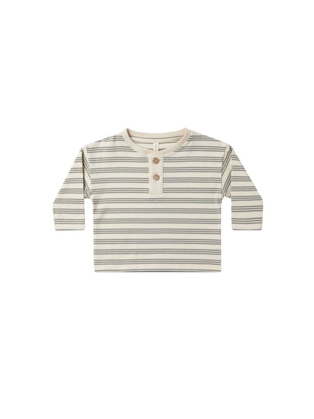 Quincy Mae Organic Long Sleeve Henley Tee Basil Stripe