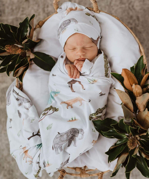 Snuggle Hunny Kids Baby Jersey Wrap and Beanie Set Safari