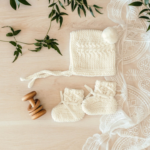 Merino Wool Bonnet and Booties Set Ivory White