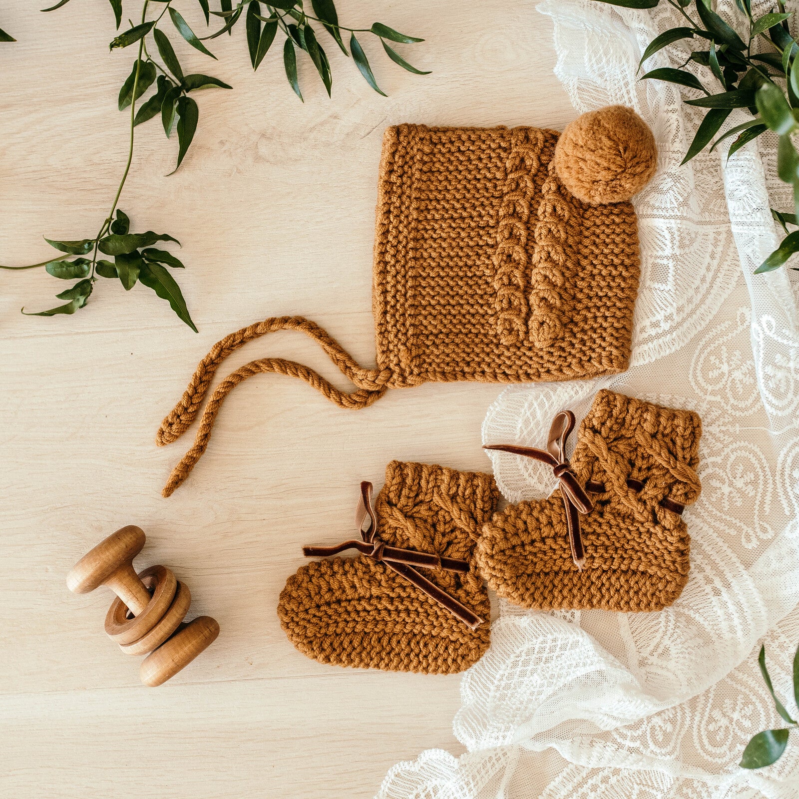 Red Merino Wool Bonnet & Booties