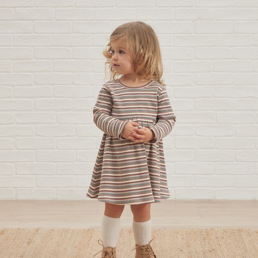 Quincy Mae Ribbed Long Sleeve Dress Autumn Stripe | Tiny Sprout