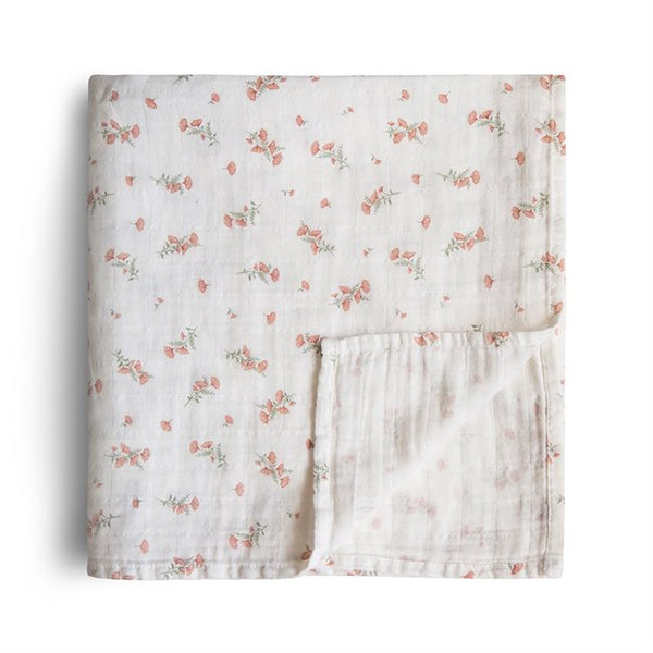 Mushie Organic Cotton Muslin Swaddle Blanket Pink Flowers