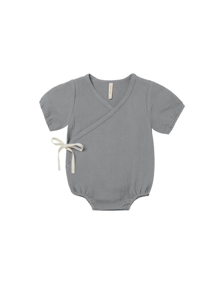 Quincy Mae Woven Wrap Romper Washed Indigo