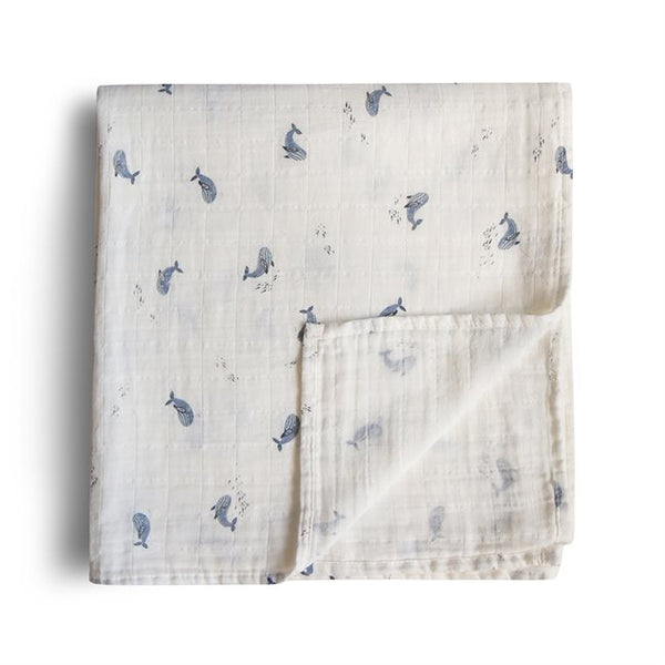 Mushie Organic Cotton Muslin Swaddle Blanket Whales